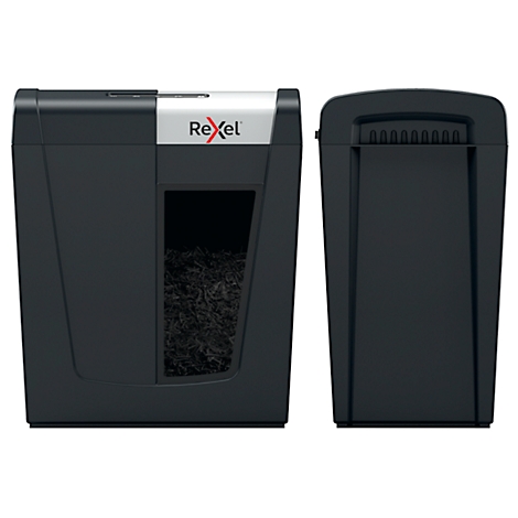 Déchiqueteuse de papier noire avec le logo Rexel, à côté un conteneur à déchets vide.
