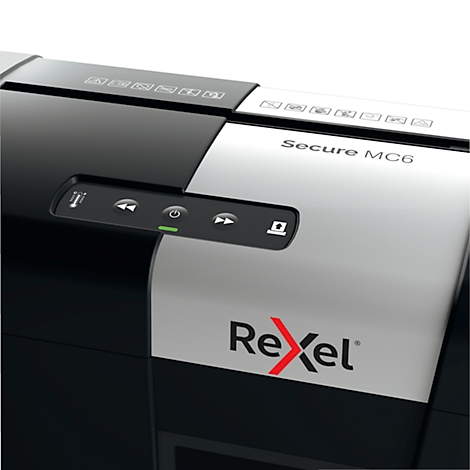 Gros plan d'un destructeur de documents avec panneau de commande. Boîtier noir, façade argentée avec lettrage, logo Rexel.