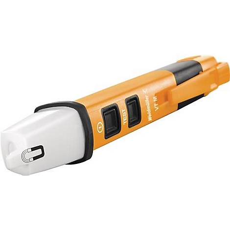 Testeur de tension orange, avec boutons noirs et lettrage.