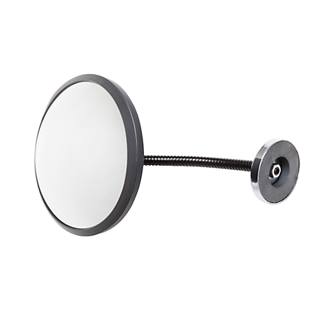 Round, white mirror with a dark gray frame. It is attached to a flexible arm, which ends in a magnetic base.