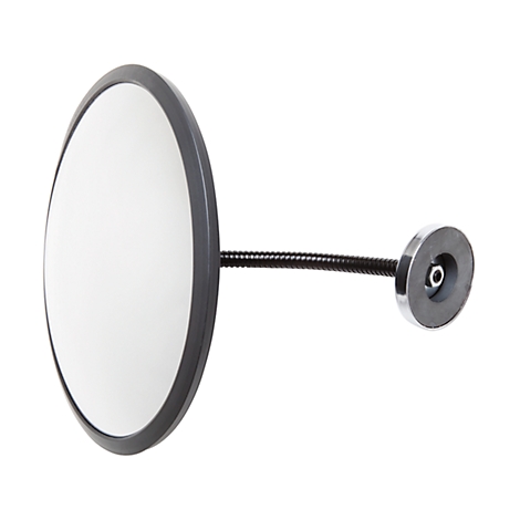Round black mirror, white glass, flexible arm, magnetic foot.