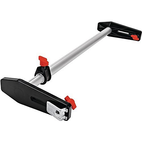 Zwarte metalen tool met zilveren stang en rode verstelknoppen.