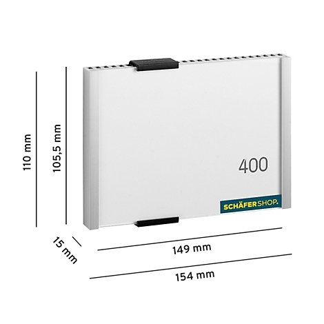 Wit plank met afmetingen 154 x 149 x 110 mm, met sticker '400' en 'SCHÄFERSHOP'.