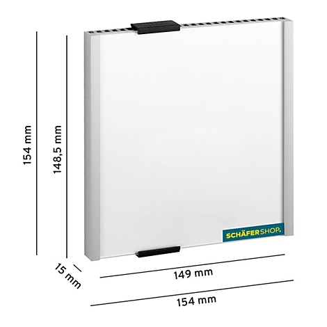 Rechthoekige witte plaat met zwarte houders en afmetingen. Logo "SCHÄFERSHOP" rechtsonder.