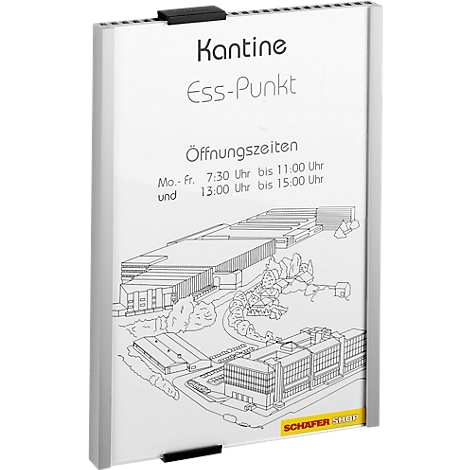 Bord met kantine Ess-Punkt. Openingstijden en schets van een site.