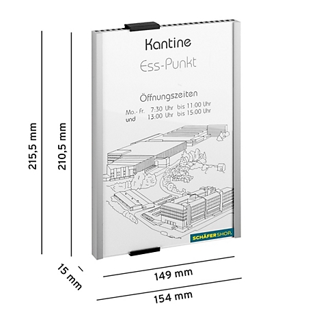 Grijs kantine-aankondiging met openingstijden, "Kantine" en "Ess-Punkt" belettering. Het bord is 21,5 cm hoog en 15 cm dik.