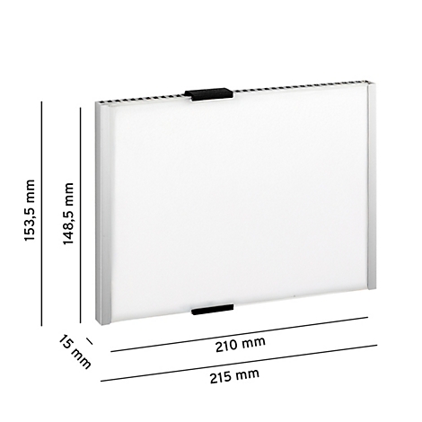 Een rechthoekig wit product met zwarte clips en maatvoeringen.