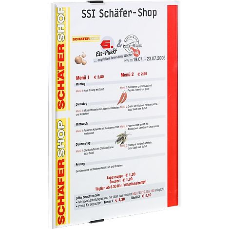 Menukaart met weekmenu van SSI Schäfer-Shop. Rood-witte rand, menu's met prijzen en datum.
