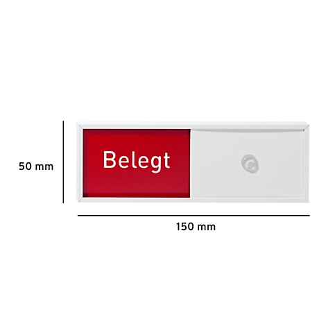 Rechthoekige, witte schuif met rood veld met 'Belegt'.