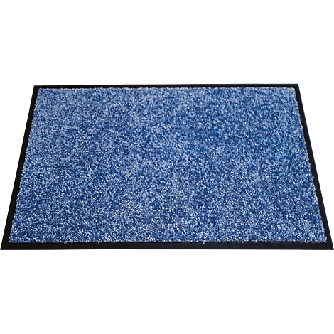 Rechthoekige schoonloopmat in gespikkeld blauw met een zwarte rubberen rand.