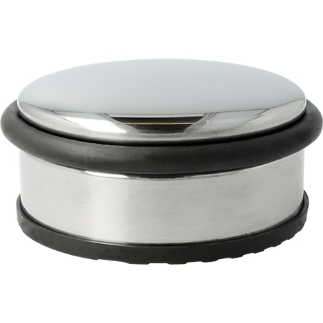 Ronde metalen deurstopper met chromen afwerking en zwarte rubberen ring.