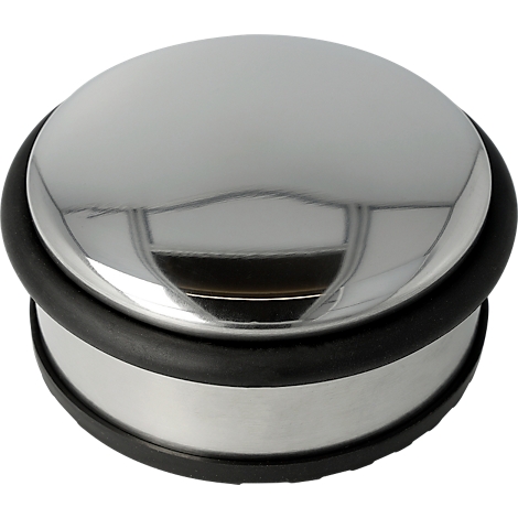 Chromen deurstopper, cirkelvormig met zwart rubber. Het gladde oppervlak reflecteert licht.