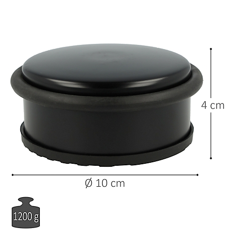 Zwarte deurstopper met zwarte rubberen ring. Diameter 10cm, hoogte 4cm. Gewicht 1200g.