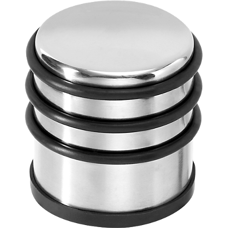Een cilindrische deurstopper van gepolijst metaal, met drie zwarte rubberen ringen als schokdempers.