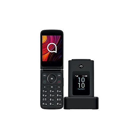 Schwarzes Klapphandy und Ladestation. Das offene Handy zeigt ein farbenfrohes Design. Das Display der Ladestation zeigt die Uhrzeit.