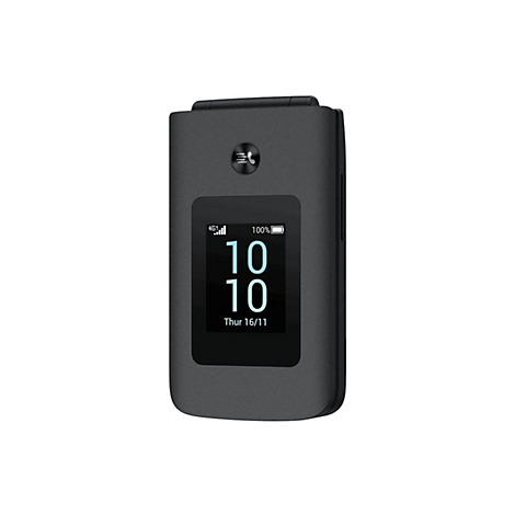 Ein graues Klapphandy, das geöffnet ist, mit der Uhrzeit 10:10 auf dem Bildschirm. Batterie voll, 4G Empfang.