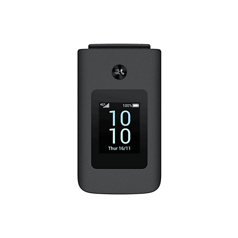 Ein schwarzes Klapphandy, das geöffnet ist, mit einem sichtbaren Display, das die Uhrzeit 10:10 und das Datum 16/11 anzeigt.