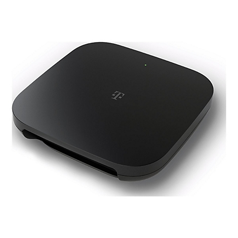 Schwarzer, flacher Telekom Router mit abgerundeten Ecken und einer kleinen, grün leuchtenden Status-LED.