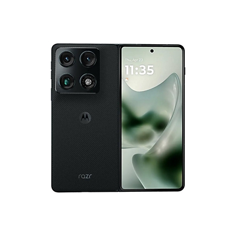 Motorola Razr Smartphone mit texturierter Rückseite, Kamera-Modul und eingeschaltetem Display vor weißem Hintergrund.