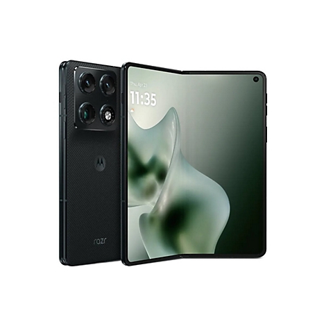Schwarzes Motorola Razr Foldable, halb aufgeklappt, zeigt Innendisplay mit Uhrzeit und abstrakter Grafik.