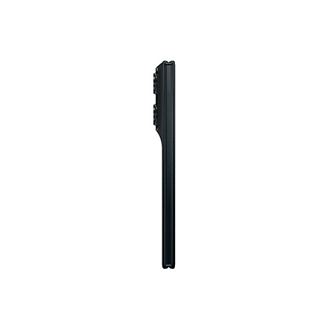 Seitenansicht eines schwarzen Smartphones im geschlossenen Zustand vor weißem Hintergrund.