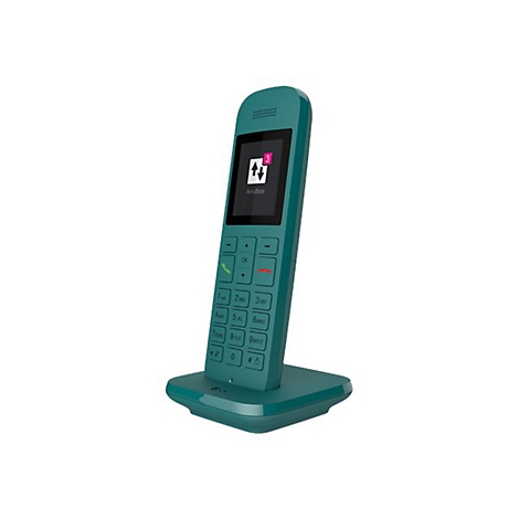 Petrolfarbenes schnurloses Telefon in der Ladestation mit Displayanzeige Anrufliste.