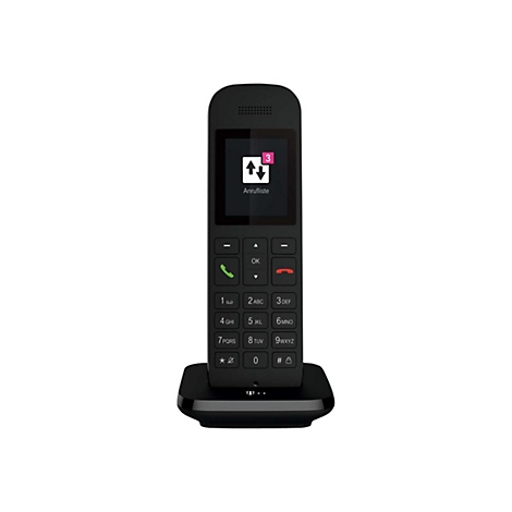 Schwarzes schnurloses Telefon auf Ladestation. Display zeigt Anrufliste mit Benachrichtigung.