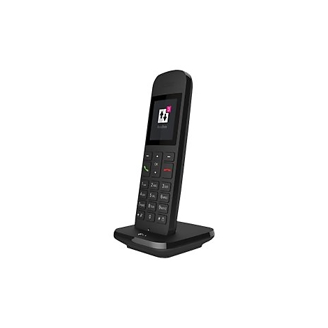 Schwarzes schnurloses Telefon in einer Ladestation mit beleuchtetem Display.