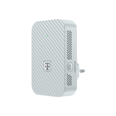 Weißer Telekom WLAN-Repeater mit gestreifter Oberfläche, T-Logo und Anmelde-Taste.