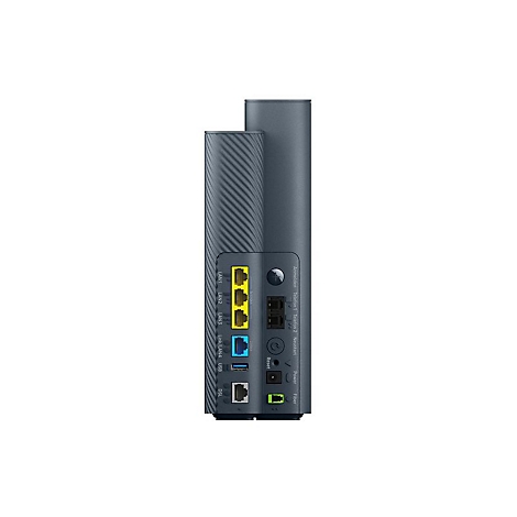 Rückseite eines dunkelgrauen Routers mit diversen Anschlüssen, darunter gelbe und blaue Ethernet-Ports.