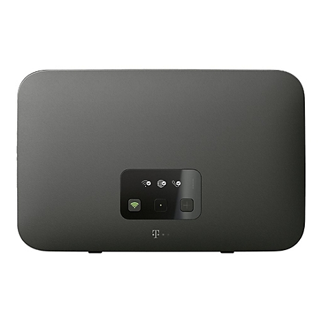 Dunkelgrauer Telekom Router Speedport mit leuchtenden Statussymbolen und Logo auf weißem Hintergrund.