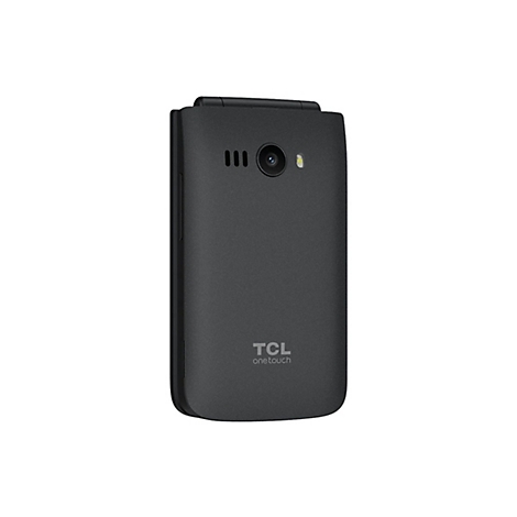 Geschlossenes, schwarzes TCL One Touch Klapphandy vor weißem Hintergrund.