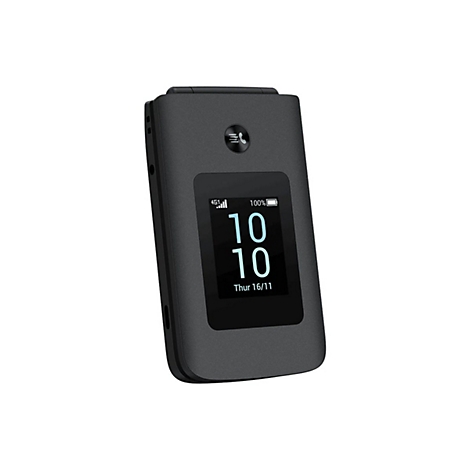 Ein graues Klapphandy, das geöffnet ist, mit einem schwarzen Bildschirm, der die Uhrzeit 10:10 und das Datum Donnerstag, 16.11. anzeigt.