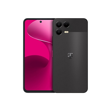Schwarzes Smartphone mit pinkfarbenem Bildschirm. Auf der Rückseite sind Kameras und das T-Mobile Logo zu sehen.