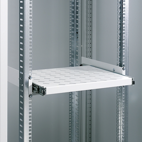 White shelf with holes, mounted in a server cabinet. The construction is made of metal and is stable.