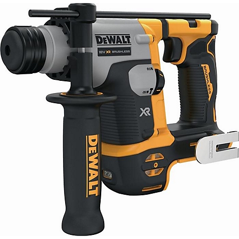 Geel en zwarte DeWalt hamerboor met extra handgreep en batterijhouder.