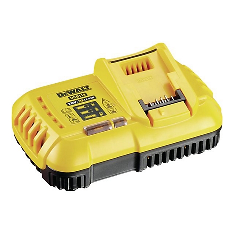 Gelbes DeWalt Akku-Ladegerät DCB118 für 18V XR Li-Ion Akkus vor weißem Hintergrund.