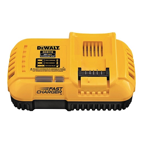 Gelbes DeWalt Akku-Schnellladegerät DCB118 für 20V Lithium-Ionen-Akkus mit Ladestatusanzeige.