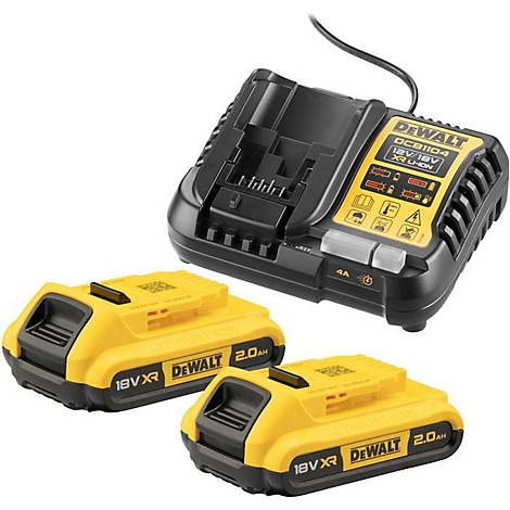 Batteries jaunes et un chargeur noir de la marque DeWalt. Inscription : 18V XR et 2,0 Ah.