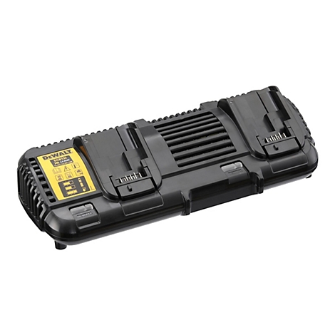Schwarzes DeWalt DCB132 Akku-Ladegerät für zwei Akkus vor weißem Hintergrund.