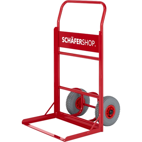 Diable rouge avec deux roues grises, avec l'inscription SCHÄFERSHOP.