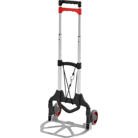 Chariot de courses pliable, cadre argenté avec des accents rouges, poignée et roues noires.