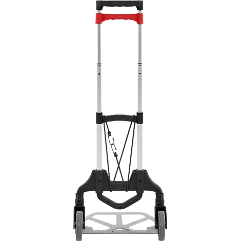 Un diable, vue de face. Roues grises, cadre gris, poignées noires et poignée rouge. Deux barres argentées montent.