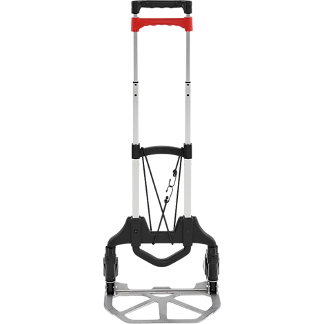 Un chariot pliable gris avec une poignée rouge, une base noire et des roues argentées. Le chariot est vu en détail.