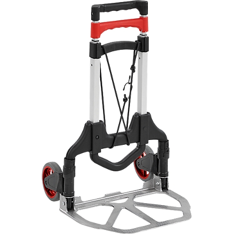 Un chariot pliable argenté pour le transport de marchandises. Il a des poignées et des roues rouges.