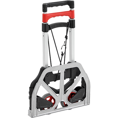 Chariot de courses pliable avec éléments rouges et noirs, en métal.