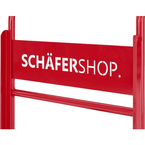 Cadre métallique rouge avec l'inscription SCHÄFERSHOP en lettres blanches.