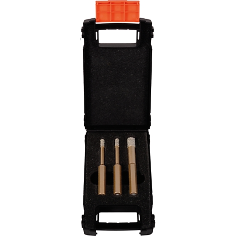 Case with three diamond-coated drill bits. Black case, orange holder.