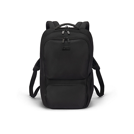 Sac à dos noir sur fond blanc. Le sac à dos a deux compartiments, des bretelles et des fermetures éclair avec le logo DICOTA.