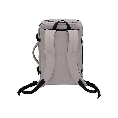 Grauer Rucksack mit schwarzen Gurten und Griff, RÃ¼ckansicht.